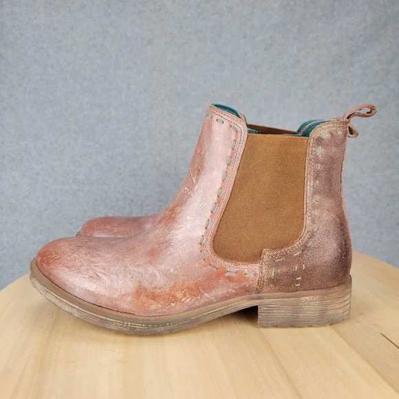 Roan Bed Stu Hostile Chelsea Boots Women 7 Tan Rose Gold Distressed Leather Zip - Picture 2 of 11